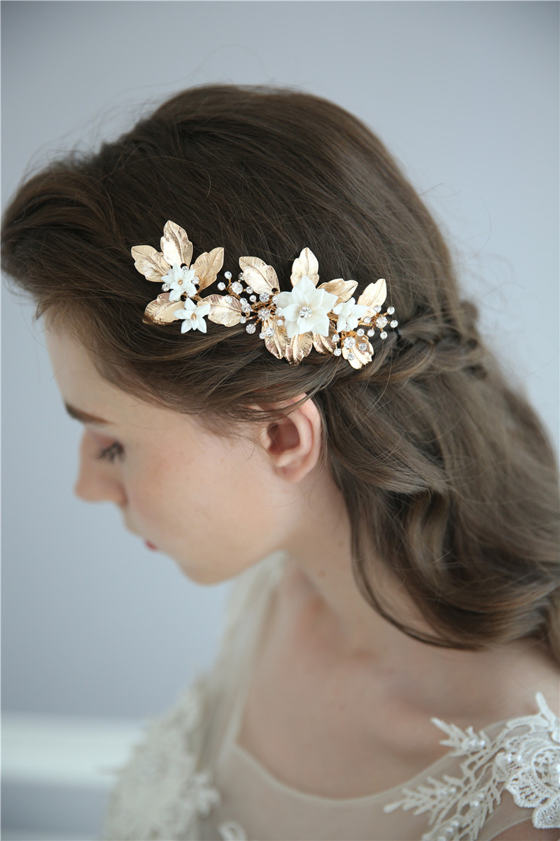Barrette Ceramic Flower Gold Leaf Wedding Jewelry Bridal Hair Clips