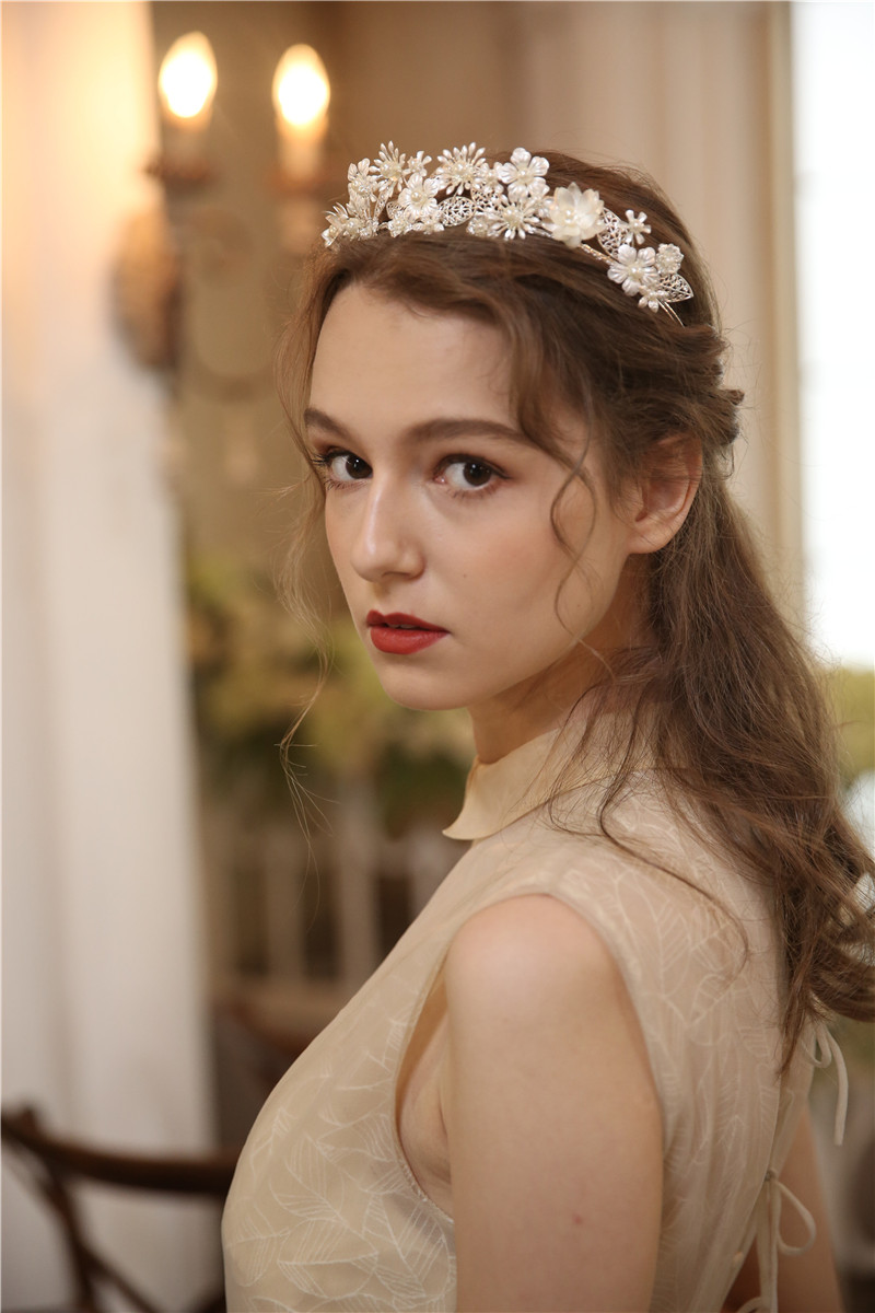 Handmade Silver Flower Hair Accessories Wedding Bridal Pearl Tiara Crown