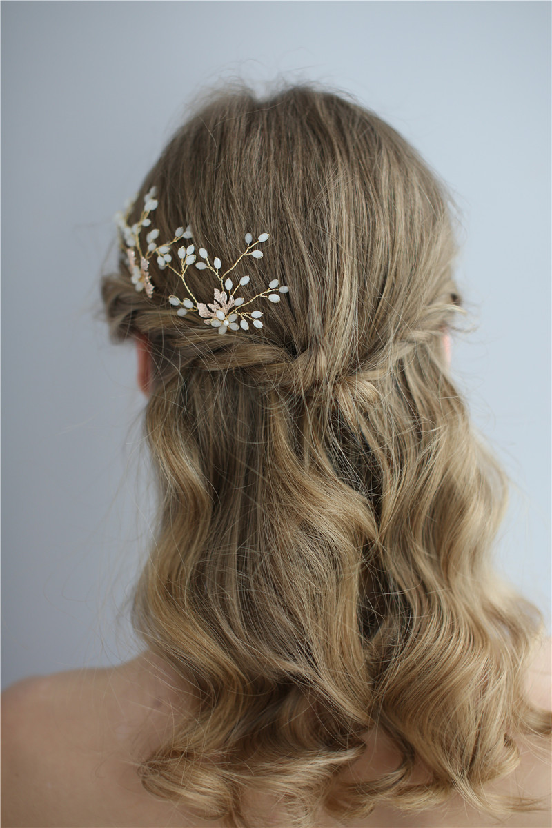 Leaf Wedding Pearl Hairband Handmade Bridal Women Crystal Headpiece Hair Pins 