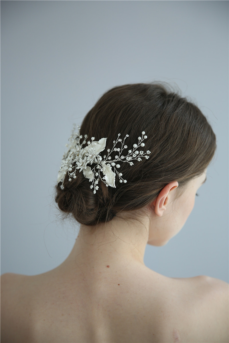 Wedding Silver Leaf Crystals Pearl Flower Barrettes Bridal Hair Clip