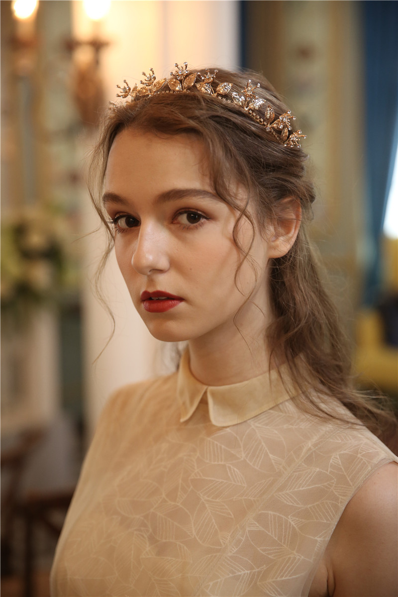 Rhinestone Fancy Gold Leaves Flower Hair Jewelry Women Bridal Tiaras Crowns