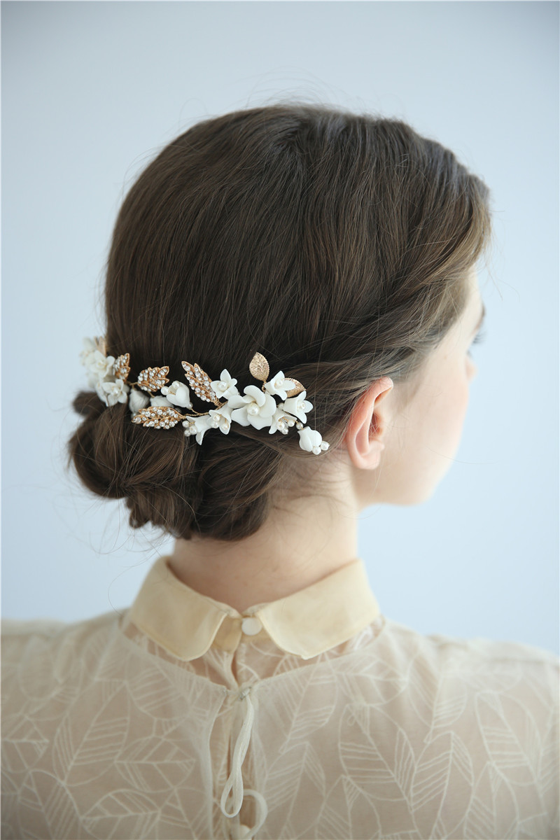Professional Made Gold Leaf Ceramics Pearl Hair Accessories Decorative Bridal Hair Pin
