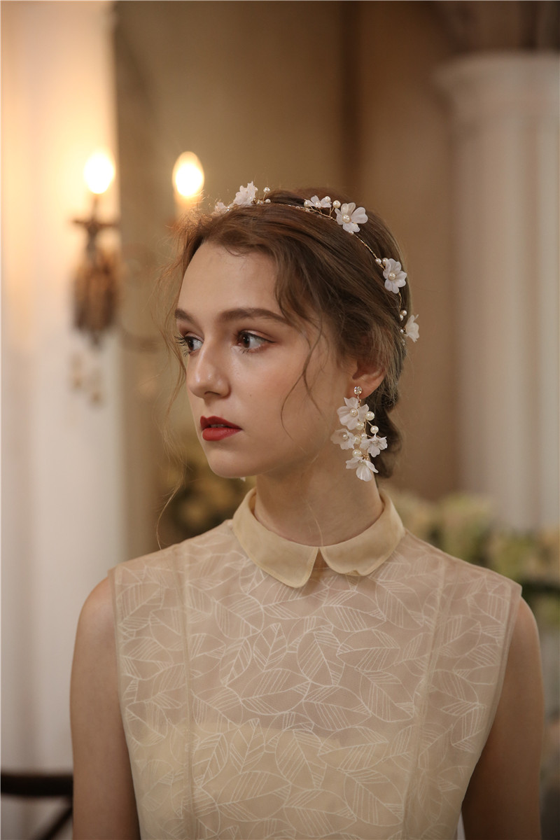 Pearl Net Flower Imitation Pearl Earrings Bridal Headbands Jewelry Set
