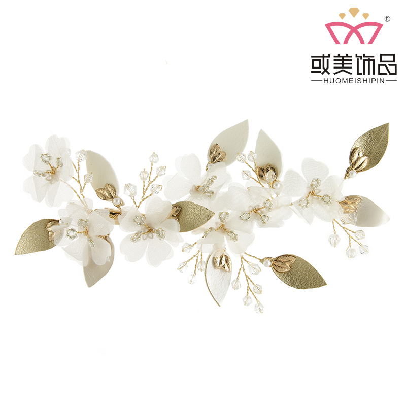 White Flower Wedding Hair Accessories Jewelry Gold Leaves Headdress Bridal Headband Hair Clip For Women 