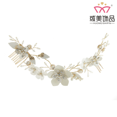 Fashion Gold Leaf Pearls Leather Floral Hairband Handmade Wedding Hair Comb For Women 