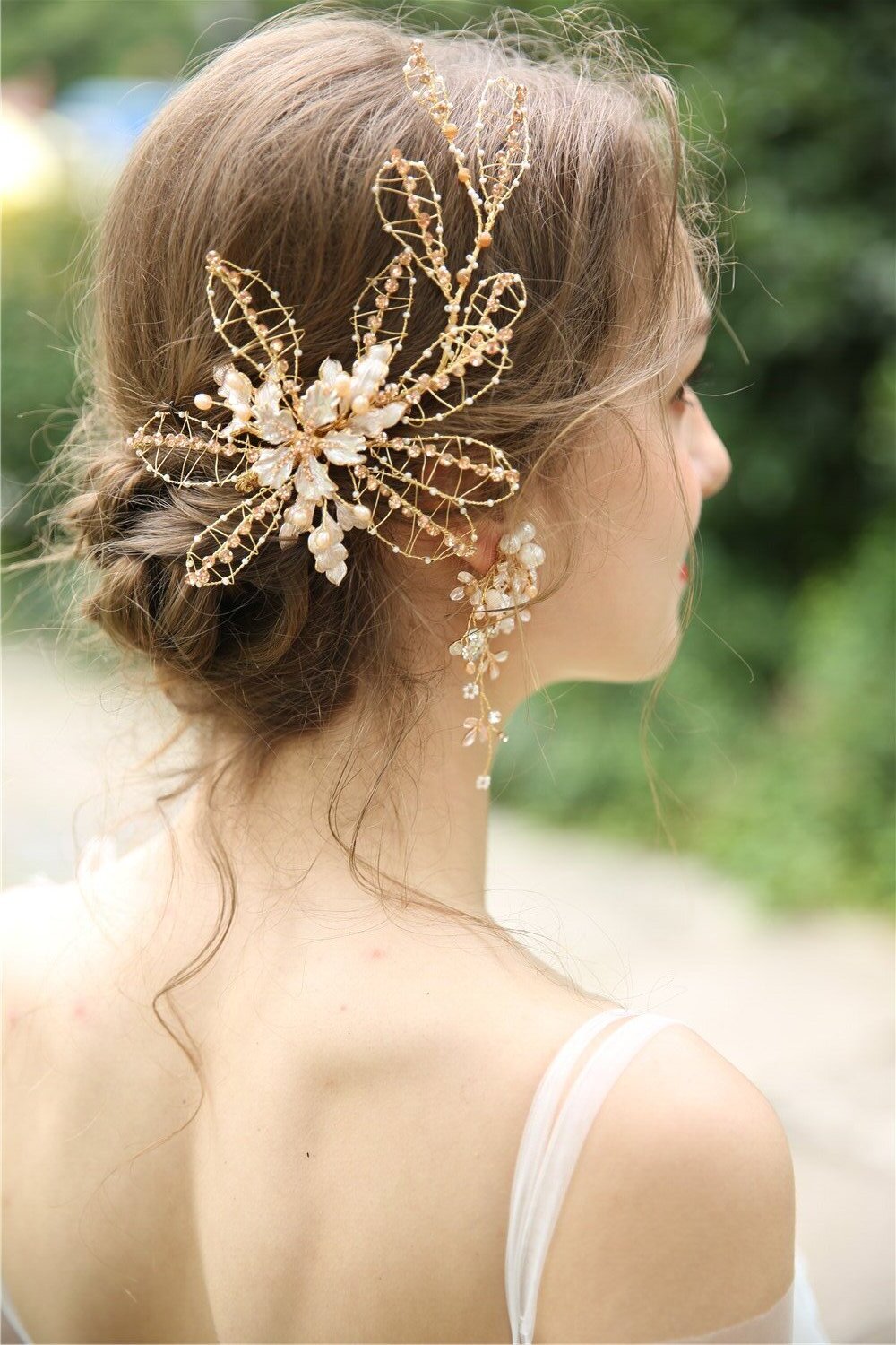 Handmade Gold Leaf Crystal Hair Accessories Jewelry Bride Headband Earring Freshwater Pearl Wedding Hair Clip For women
