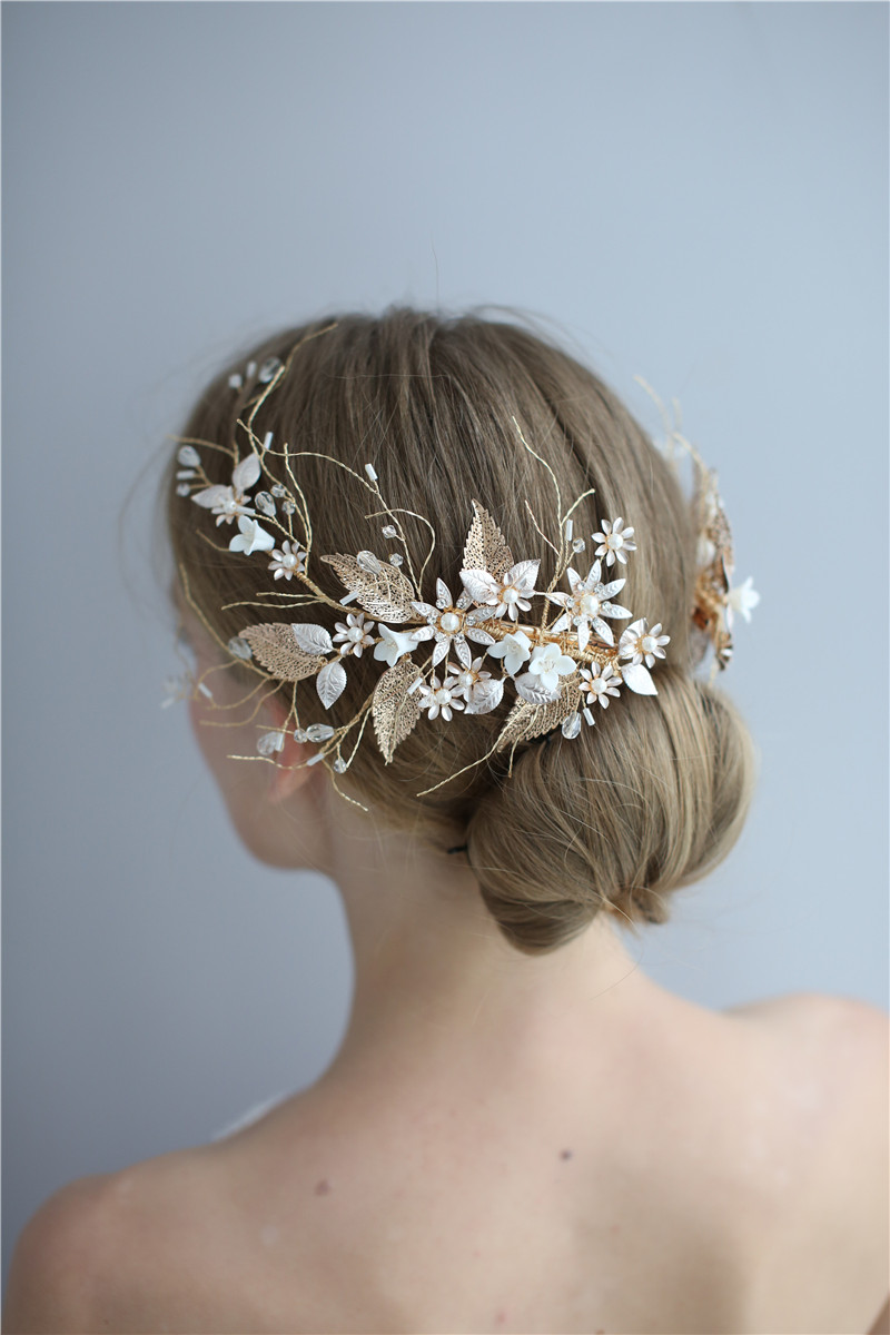 Gold Leaf Floral Bridal Hair Jewelry Handmade Wire Prom Headpiece Accessories Clip 