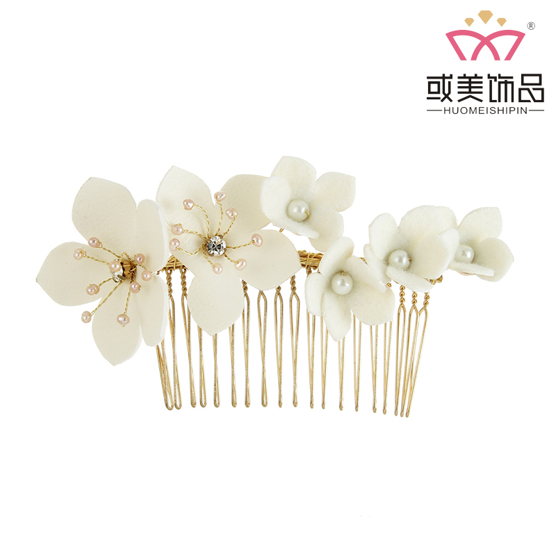 Handmade White Flower Wedding Hair Jewelry Accessories Headwear Leather Pearl Bridal Fancy Hair Comb For Women 
