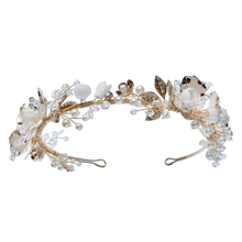 Trendy Ceramic Flower Bride Pearl Hair Ornament Crystal Wedding Tiara Crown