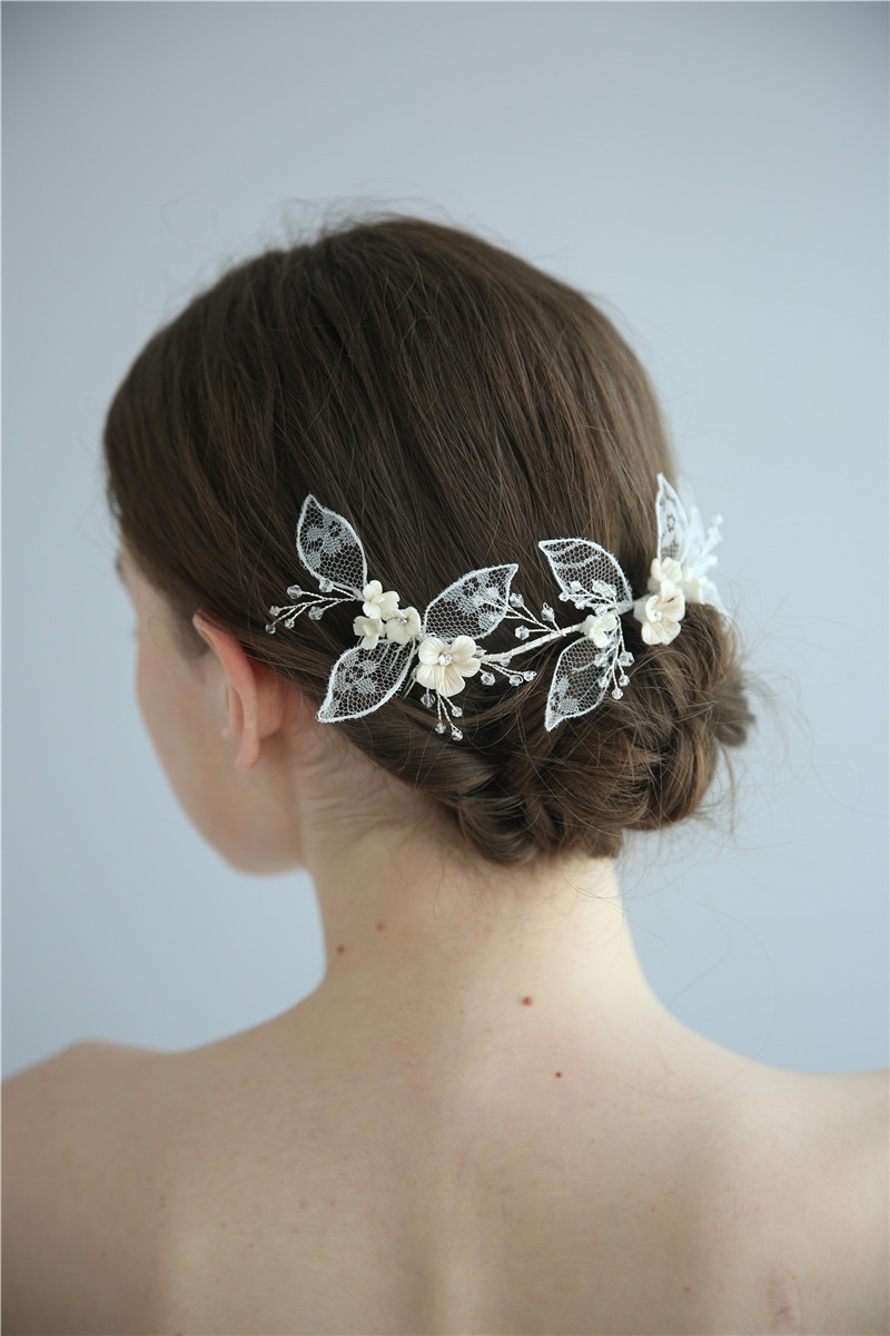 Fashion Jewelry White Leaves Handmade Crystal Lace Flower Hair Combs