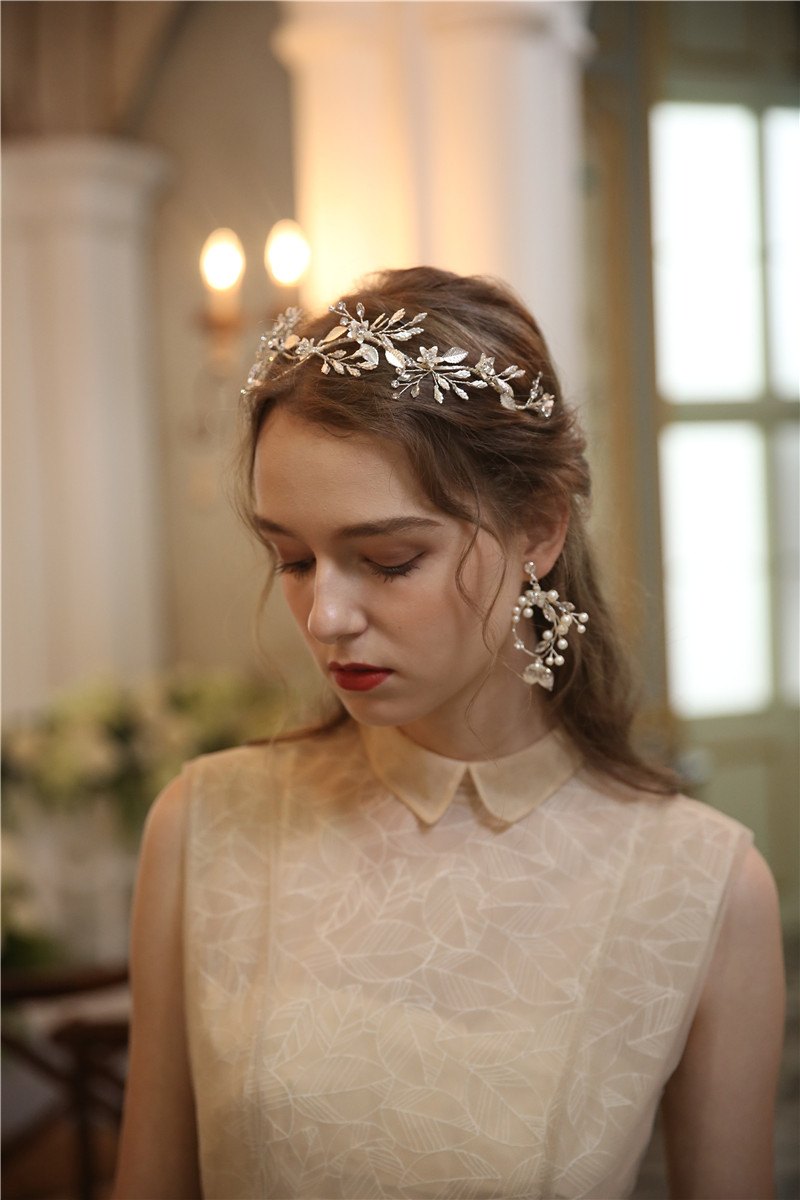 Wedding Silver Beaded Pendant Headband Vintage Bridal Earrings Jewelry Set