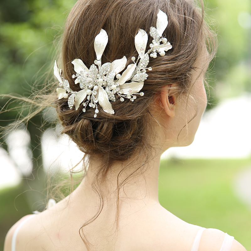 Handmade Luxury Crystals Fancy Silver Leaf Barrettes Bridal Accessories Headpiece Wedding Women Hair Clips 
