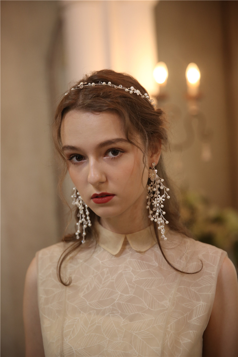 Pearl Bridal Accessories Hairband Earring Handmade Simple Wedding Jewelry Set