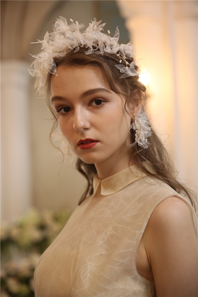 Handmade Lace Leaf Crystal Earring Crown Wedding Bridal Jewelry Set
