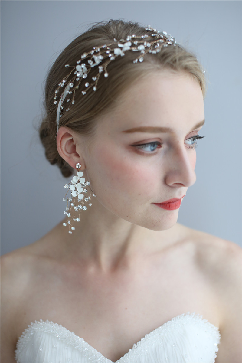 Hair Accessories Headdress Earring Handmade Crystal Pearls Bridal Women Hairband Headpiece