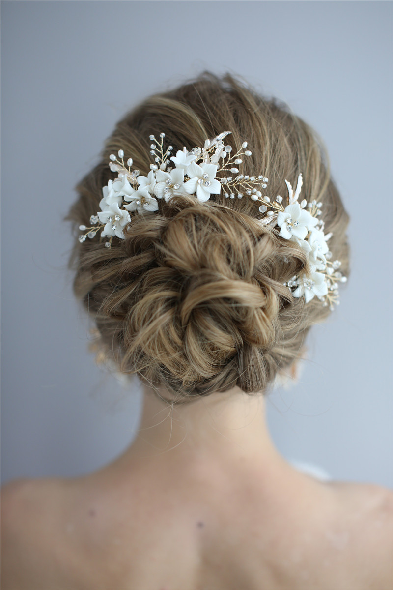Hair Comb Earring Ceramics Crystal Flower Women Hair Ornament Handmade Bridal Prom Accessories