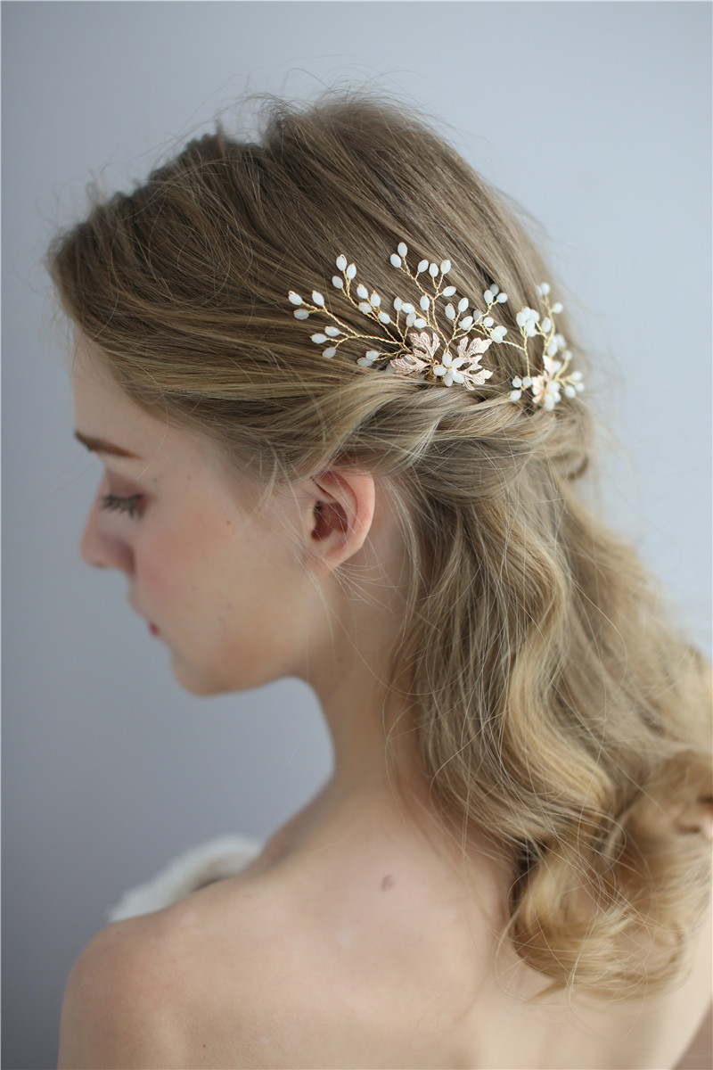 Leaf Wedding Pearl Hairband Handmade Bridal Women Crystal Headpiece Hair Pins 
