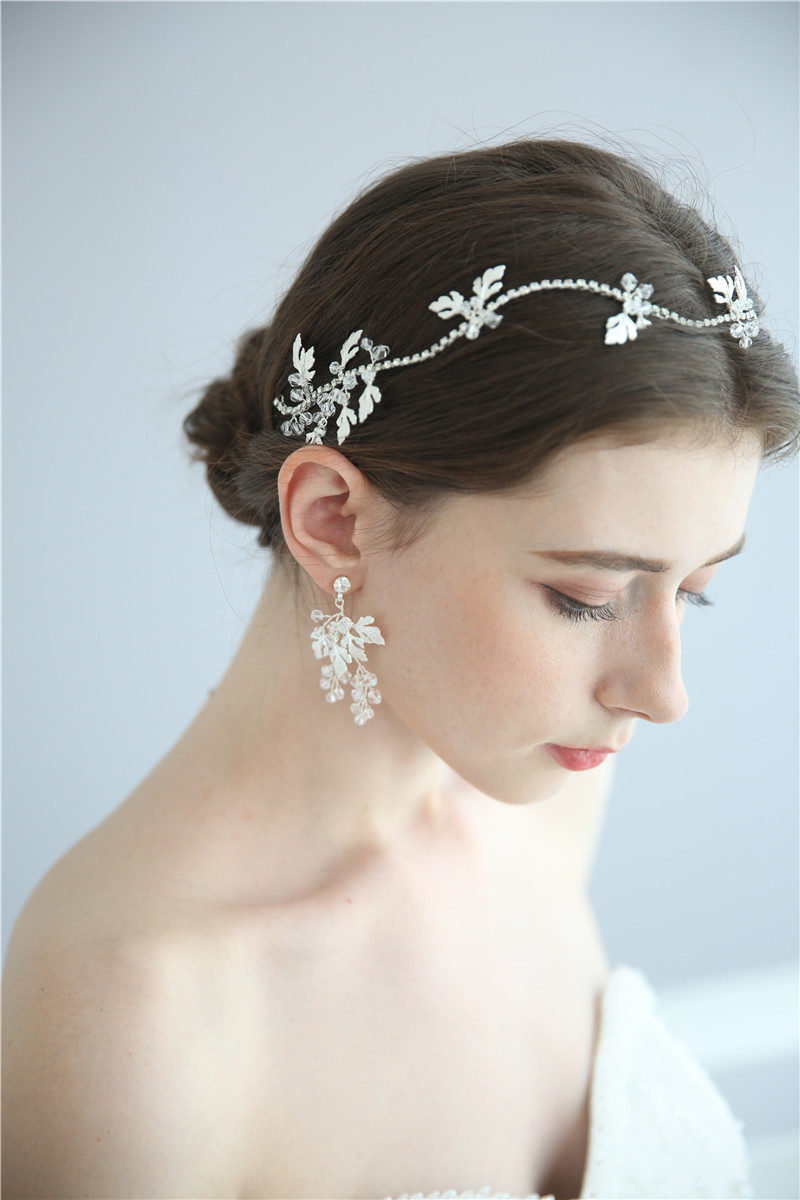 Flowers Hairband Pendant Earring Tiaras Gold Handmade Floral Bridal Headpiece Set