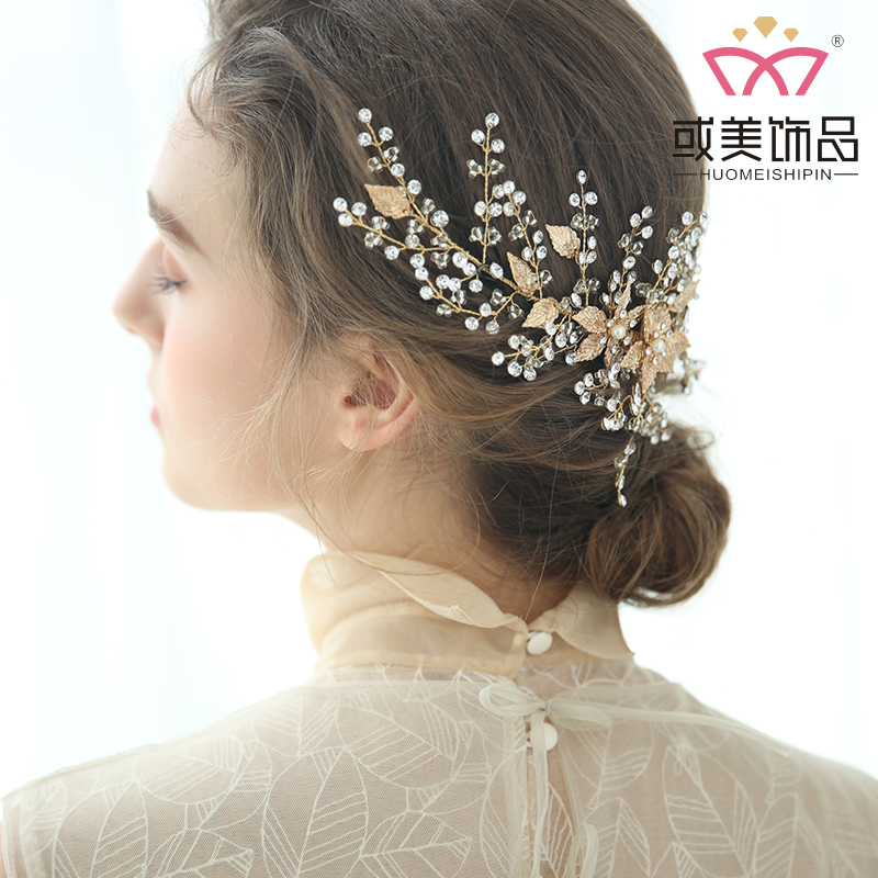 Handmade Crystal Bridal Hair Accessories Jewelry Headwear Barrettes Gold Leaves Wedding Pearl Headband Hair Clips For Girl 