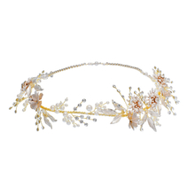 Pearl Gold Leaf Hair Accessories Earring Bridal Handmade Ceramic Flower Headpiece Women Tiaras