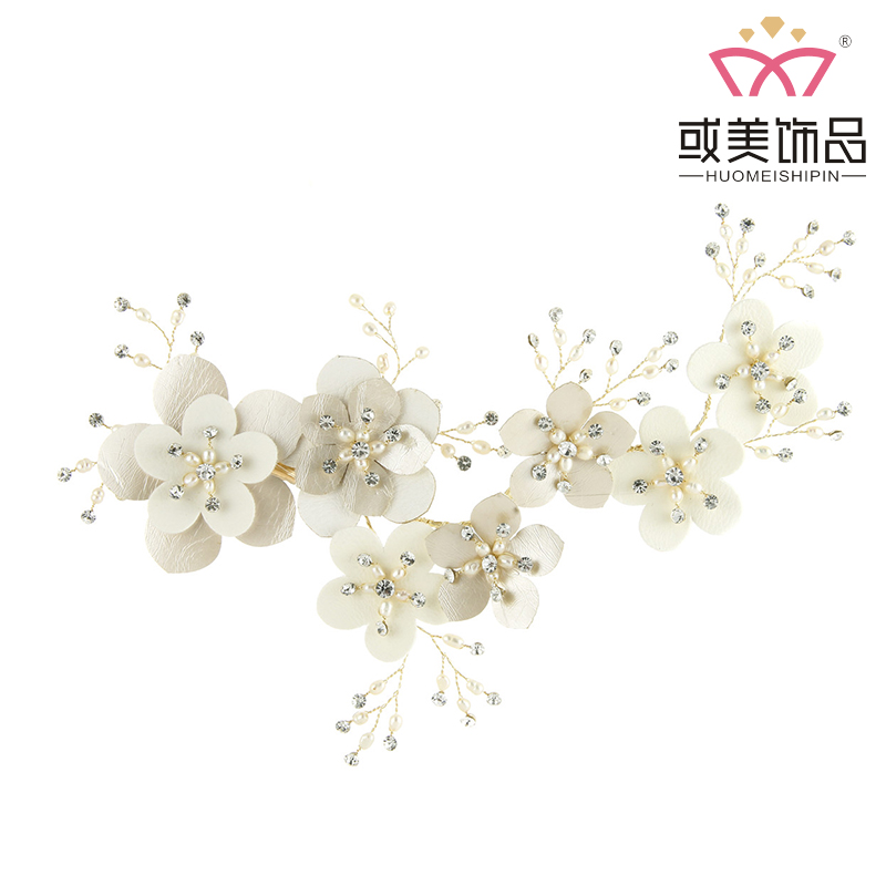 Wholesale Crystal Pearls Beaded Floral Leather Bridal Headpiece Handmade Wedding Hair Clip 