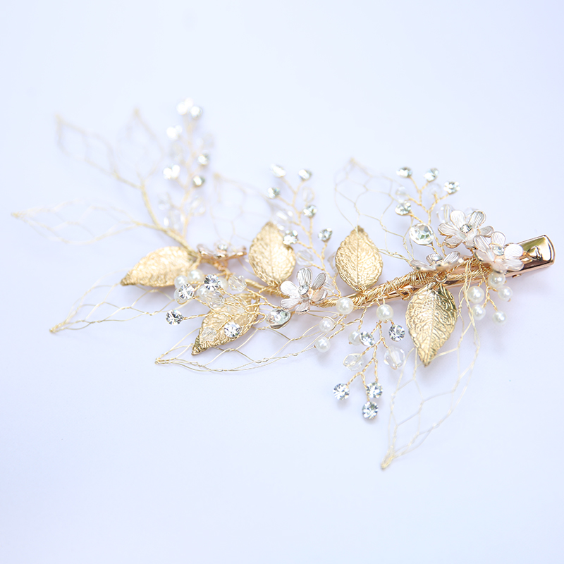 Handmade Gold Leaf Crystals Rhinestones Flower Wedding Jewelry Accessories Bridal Pearl Barrettes Hair Clip For Women 