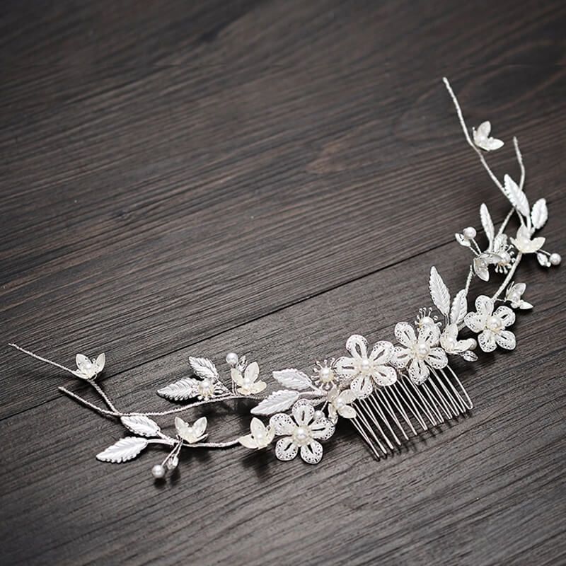 Handmade Pearl Leaves Flower Bun Up Headdress Wedding Party Prom Side Hair Combs
