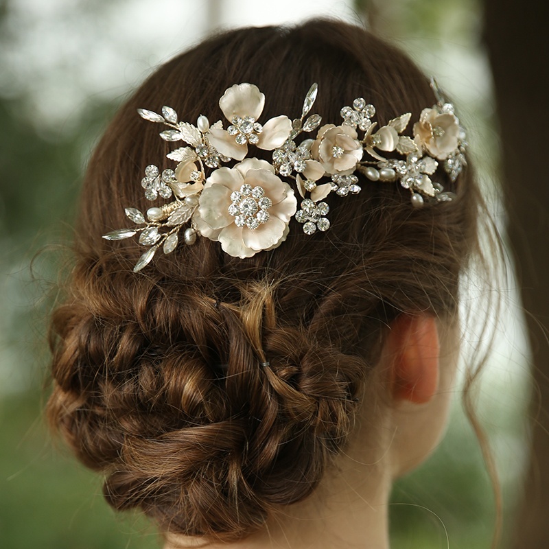 Fancy Light Gold Pearl Flowers Crystal Wedding Hair Combs