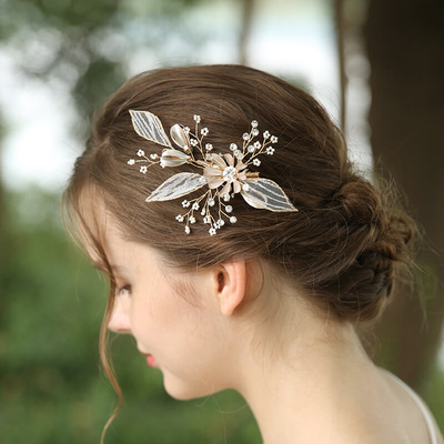 Custom Beads Lace leaves Hairclip Wedding Headdress For Women