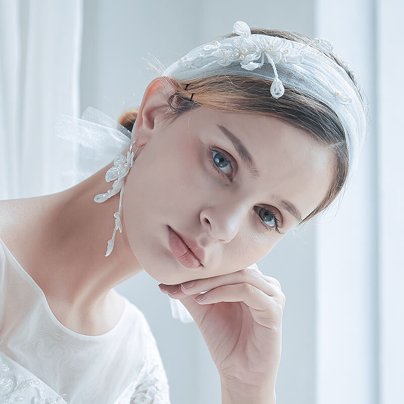 Woman Fashion Lace Flower Beaded Veil Tie Headband Freshwater Pearl Hook Earrings 
