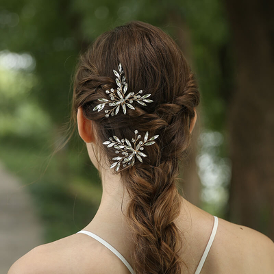 Elegant Wedding Bridal Leaf Design Headpiece Crystal Rhinestone Hair Pin