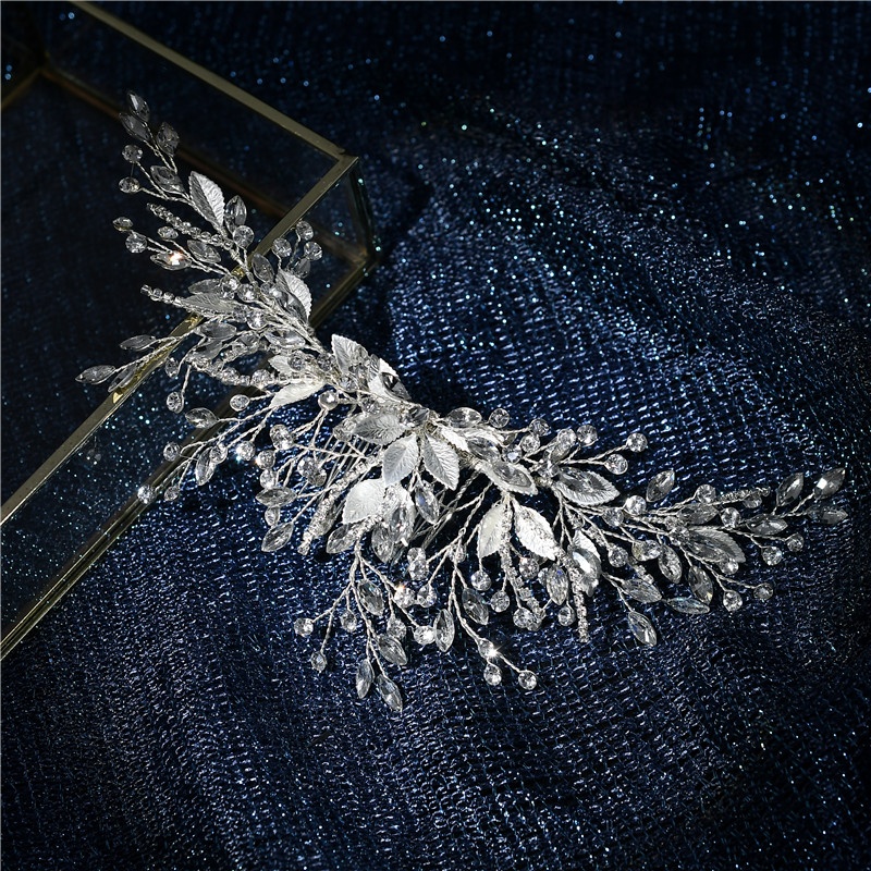 Handmade Headdress Silver Crown Bridal Jeweled Rhinestones Leaf Hair Comb