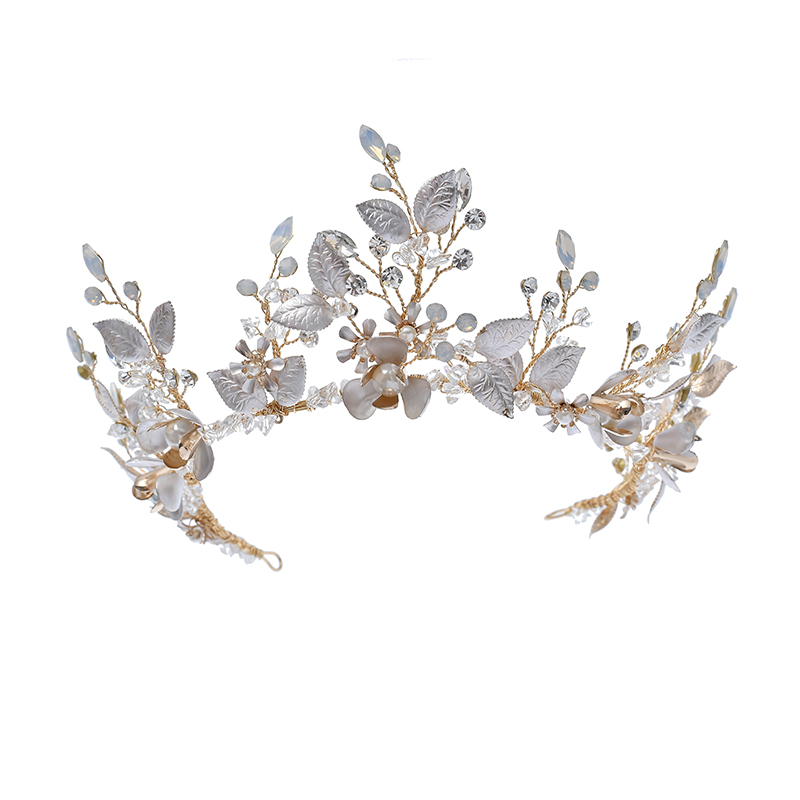Wholesale Copper Flowers Crown Pearl Rhinestone Leaves Earrings Wedding Jewelry Set