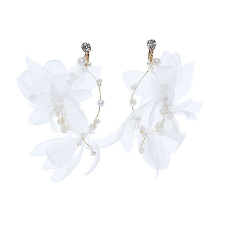 White Gauze Flowers Headpiece Earrings Wedding Bridal Jewelry Set