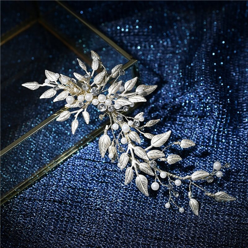 Decorative Light gold Leaves Rhinestone Pearl Hair Bobby Pins 