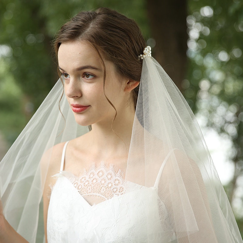 Modern Unique Chain Decorated Ivory Pearl Soft Tulle Wedding Bridal Veil