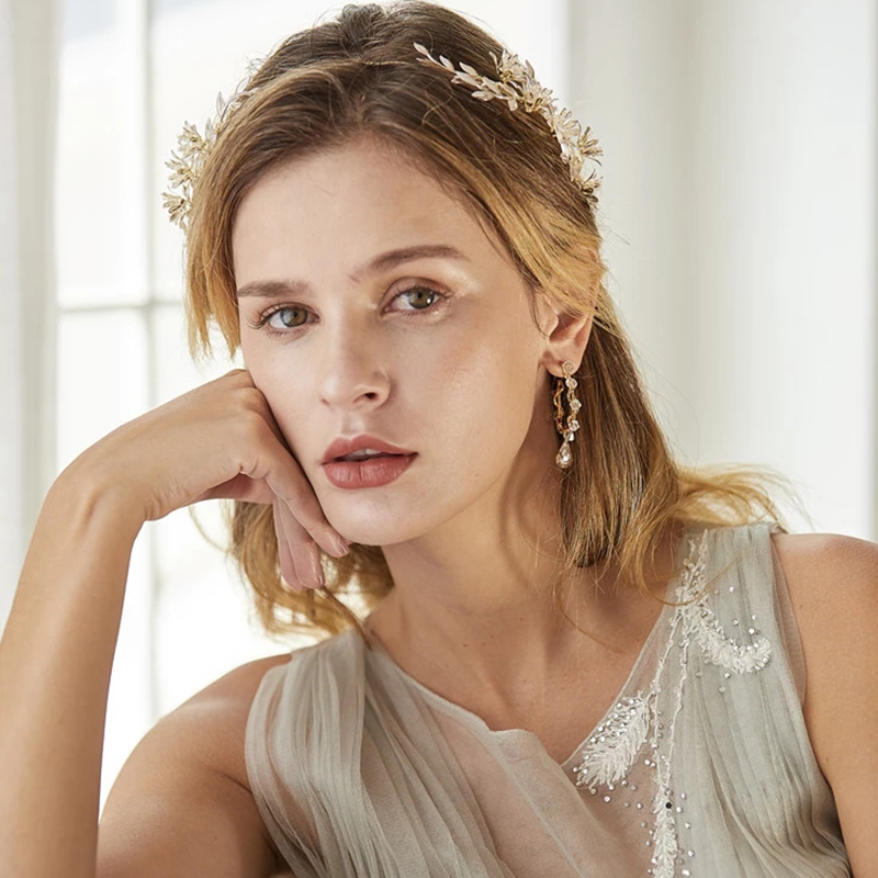 Handmade Gold Rhinestone Leaves Earring Jewelry Wedding Crystal Floral Queen Tiaras Crowns