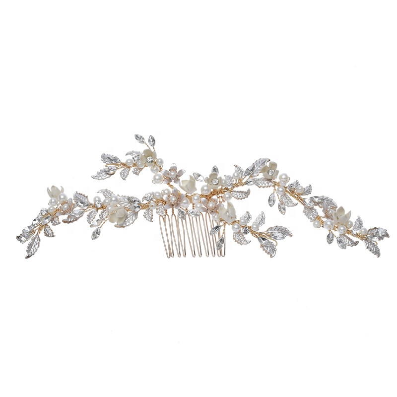 2020 Fashion Gold Flower Leaves Pearl Bridal Jeweled Hair Comb