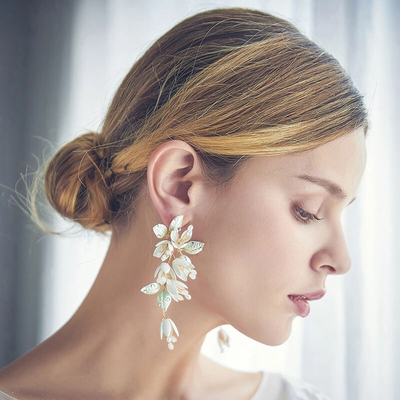 Handmade Bridal Leaves Flower Clip Earrings Wedding Statement Earrings