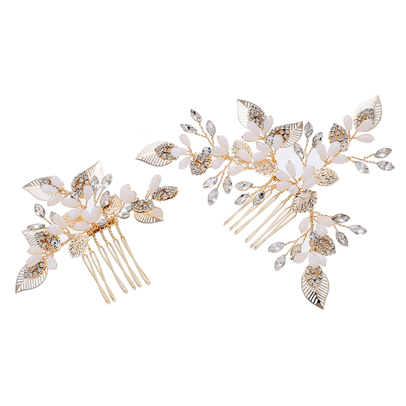 Custom Luxury Crystal Gold Leaves Headdress Accessories Bridal Bridesmaids Side Hair Combs 