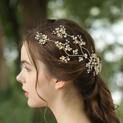 Handmade Rhinestone Pearl Gold Maple Leaf Design Wedding Bridal Hair Clip