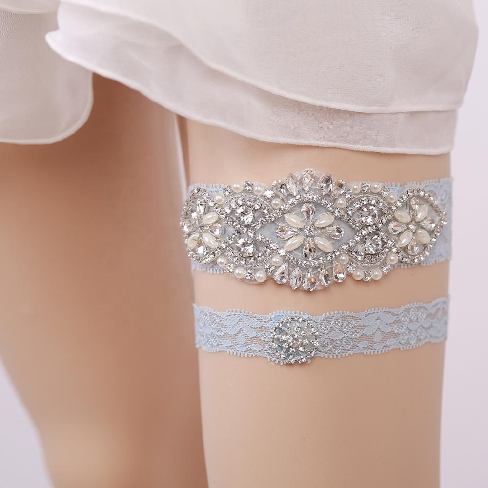 Luxurious Crystal Rhinestone Pearl Decorated Wedding Garter Blue Lace Flowers Garters