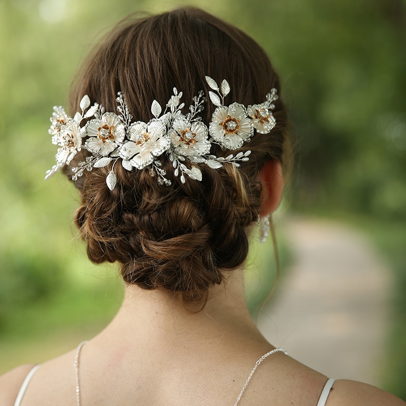 Silver Big Rhinestone Flower Hair Comb Bridal Earrings Necklace Jewelry Headpiece Set