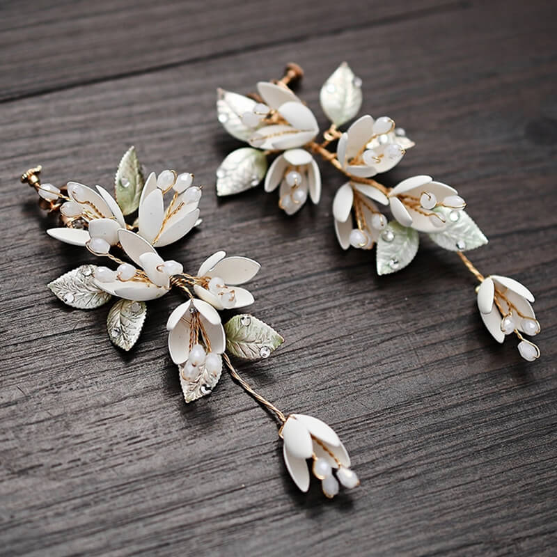 Handmade Bridal Leaves Flower Clip Earrings Wedding Statement Earrings