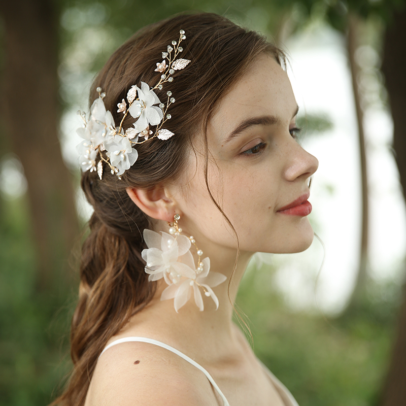 White Gauze Flowers Headpiece Earrings Wedding Bridal Jewelry Set