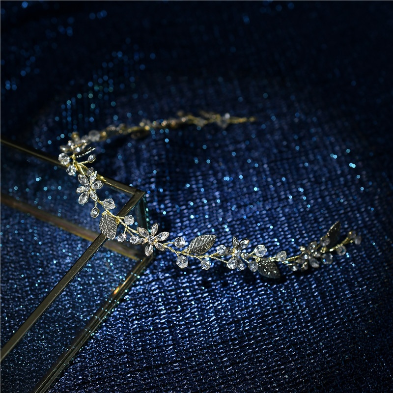 OEM Handmade Bridal Gold Leaf Design Headpiece Crystal Wedding Vine Tiara Headband