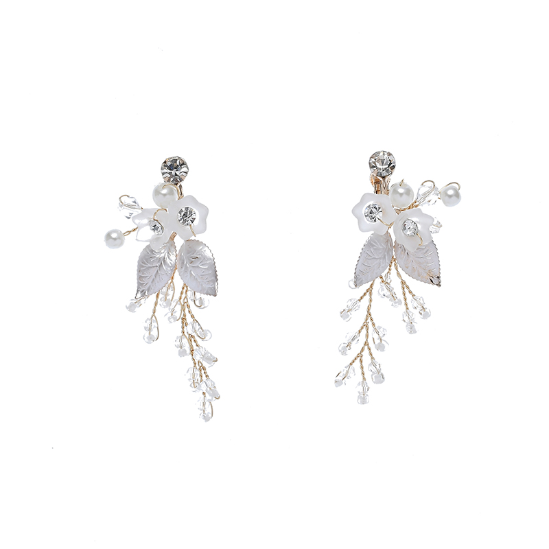 Fairy Flower Leaves Wedding Hairband Earrings Jewelry Set With Pearl Rhinestone Decorated