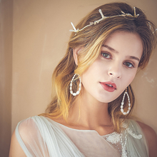 Handmade Simple Gold Leaf Vine Fancy Headband Pearls Circle Earrings Wedding Jewelry Set